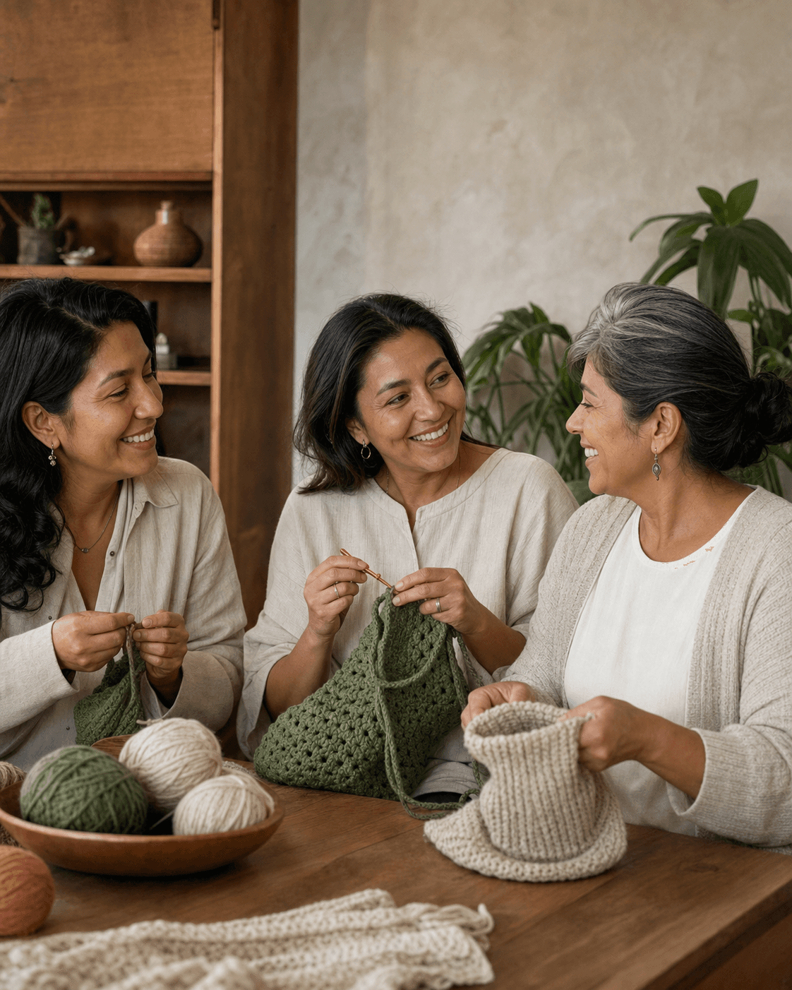 Tres mujeres compartiendo tejido en el Círculo Fundador